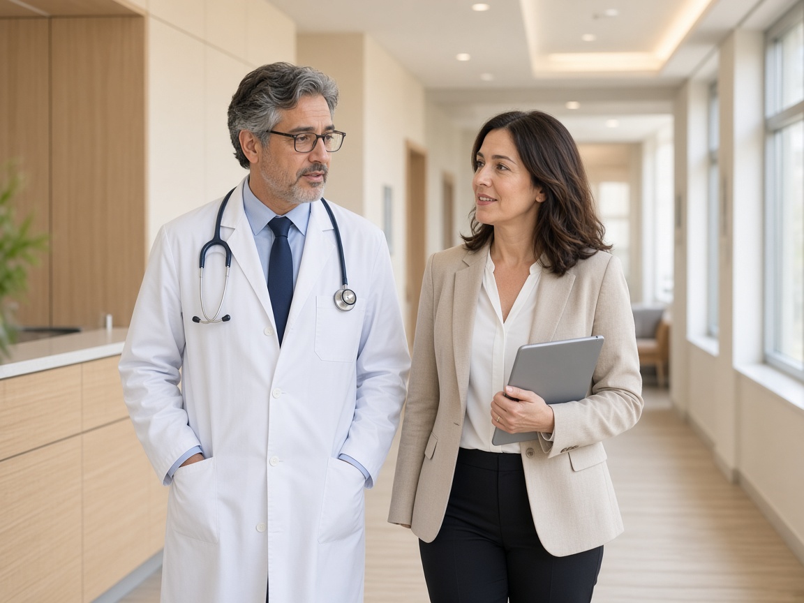 Practice manager and physician discussing operations in a clinic hallway