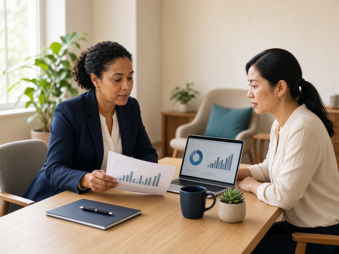 Healthcare administrator reviewing claim documentation in a bright office